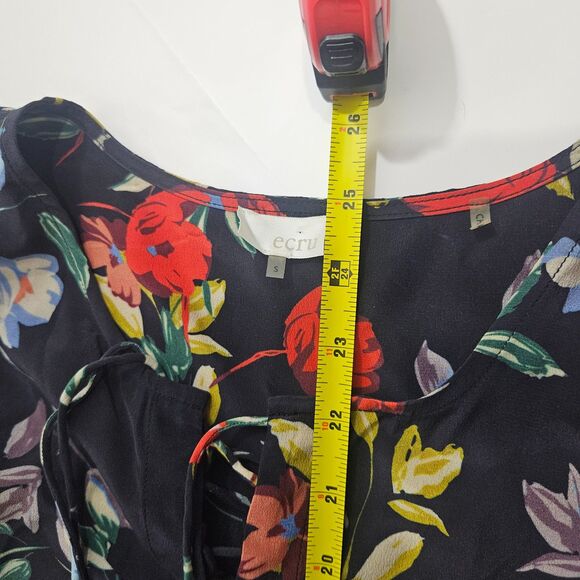 ecru Silk Floral Shell Work Top Floral Small Bell Sleeve Size S Boho 3/4 Sleeve - Picture 7 of 9